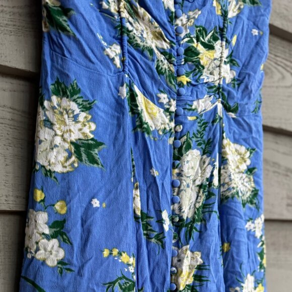 Free People Floral Lace Trim Dress ๐ธ Size 8 Blue Button Front Boho Fit & Flare - Picture 6 of 10